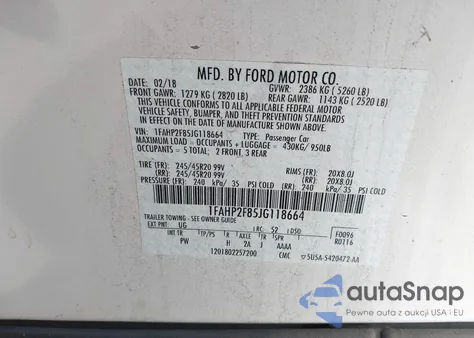 2018 Ford Taurus Limited z USA, uszkodzony, nr VIN 1FAHP2F85JG118664